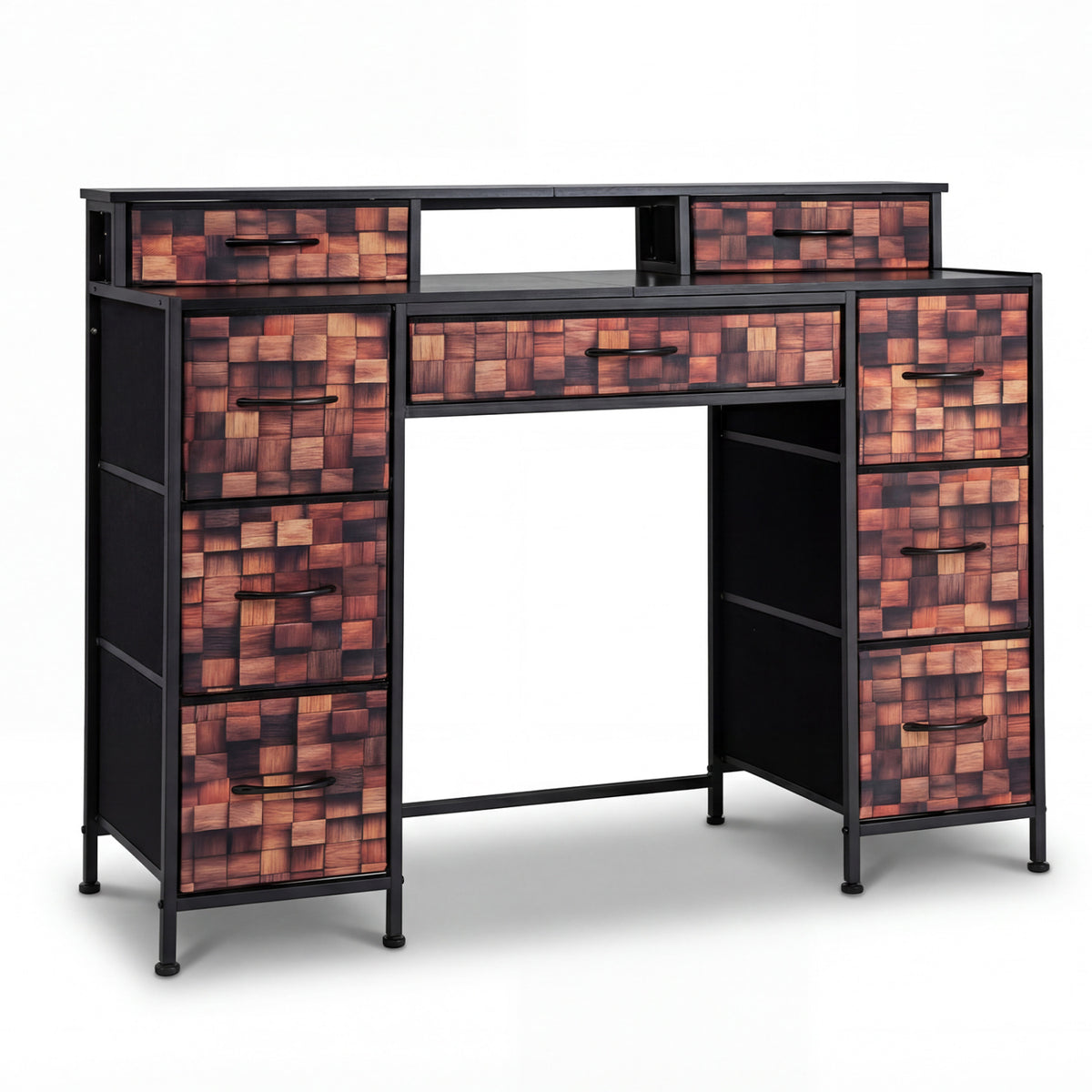 48" Vintage 9-Drawer Dresser with Raised Shelf and Fabric Drawers and Wooden Top-Brown + Black
