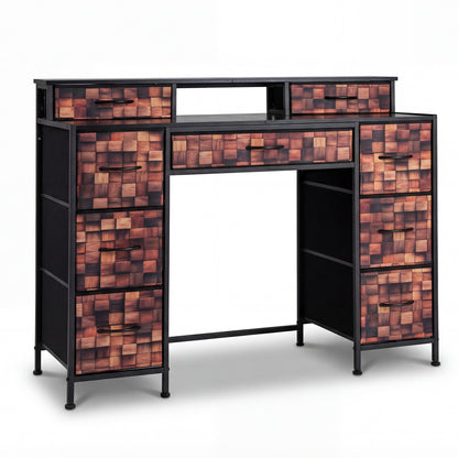 48" Vintage 9-Drawer Dresser with Raised Shelf and Fabric Drawers and Wooden Top-Brown + Black