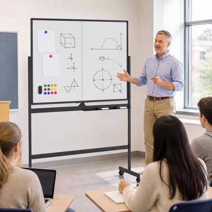 48" x 36" Double-Sided Mobile White Board with Lockable Universal Wheels for Office-Black