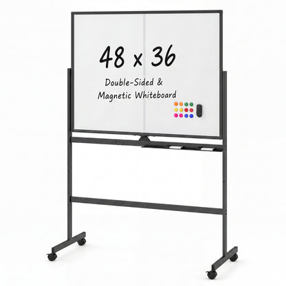 48" x 36" Double-Sided Mobile White Board with Lockable Universal Wheels for Office-Black
