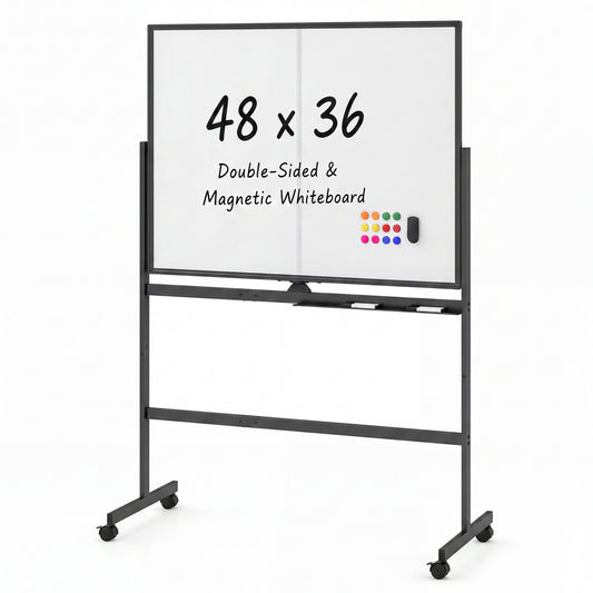 Double-sided mobile whiteboard with black surface, lockable wheels, 48x36 inches, ideal for home office use.