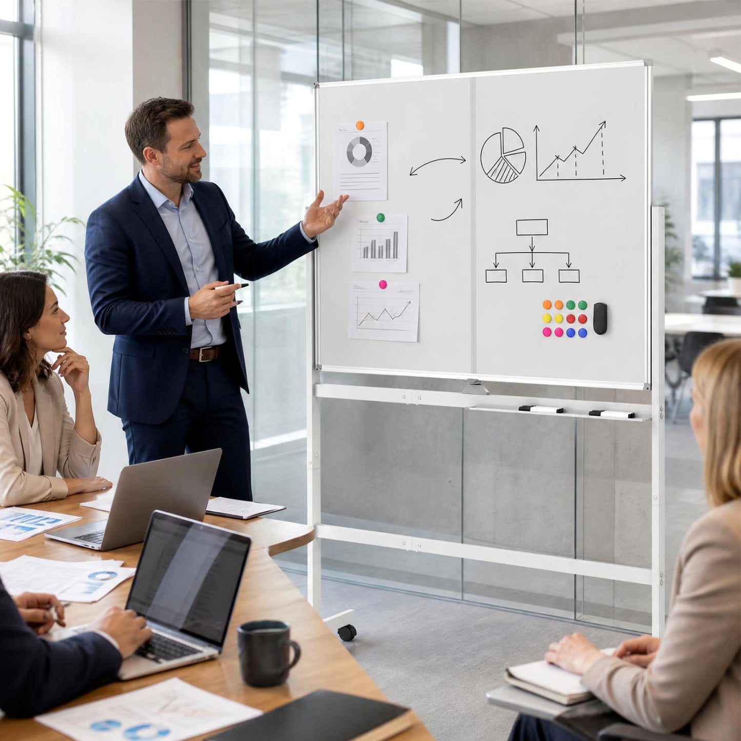 48" x 36" Double-Sided Mobile White Board with Lockable Universal Wheels for Office-Black