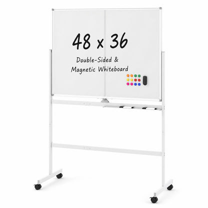 48" x 36" Double-Sided Mobile White Board with Lockable Universal Wheels for Office-Black