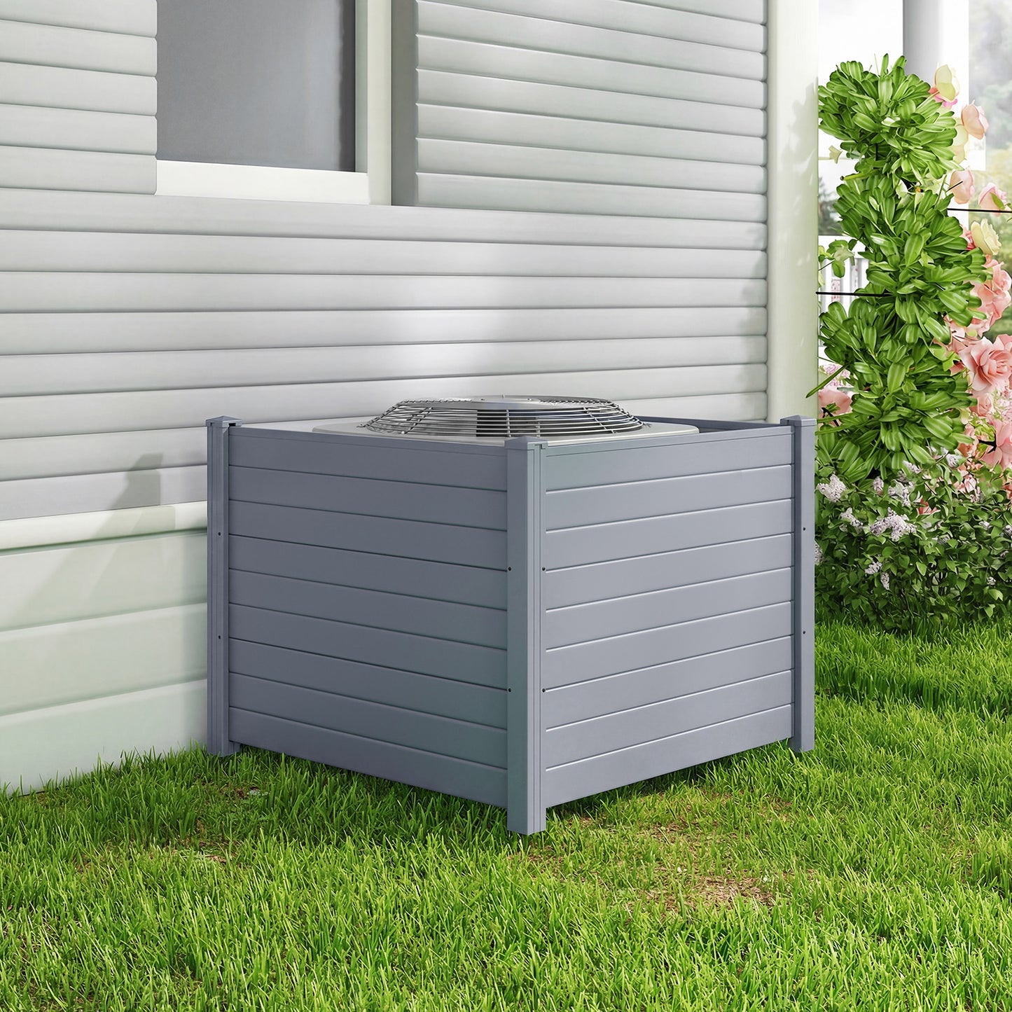 48 x 38 Inch Air Conditioner Fence 2 Panels with Metal Ground Stakes-Gray