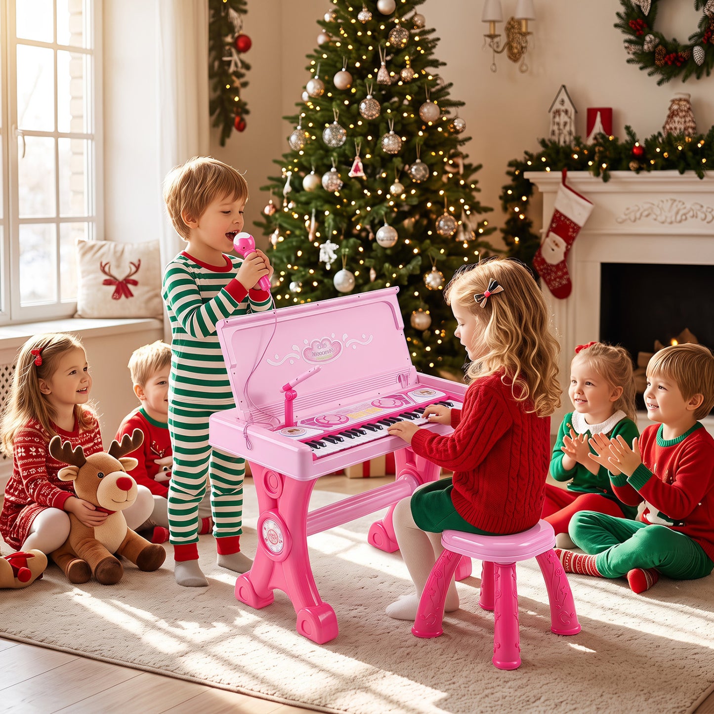 49 Keys Kids Electric Piano Keyboard Toy w/ Stool & Microphone Lights & Multiple Sounds-Pink