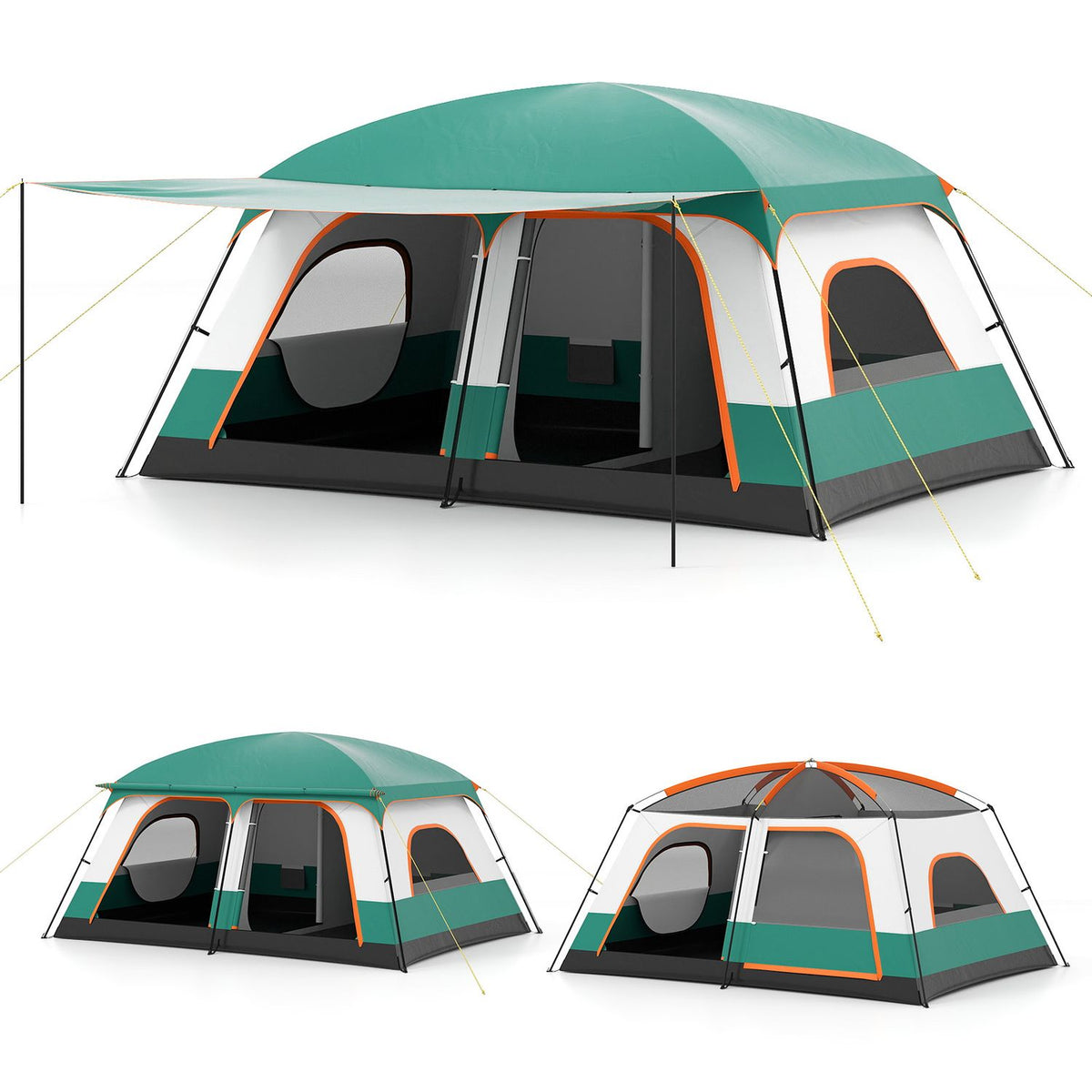 4-10 Person Camping Tent in Green Color with Porch and 2 Rooms for Backpacking-M