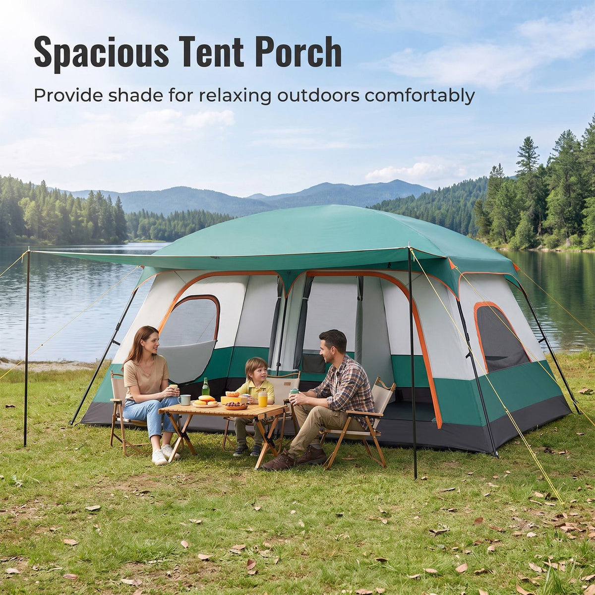 4-10 Person Camping Tent in Green Color with Porch and 2 Rooms for Backpacking-M