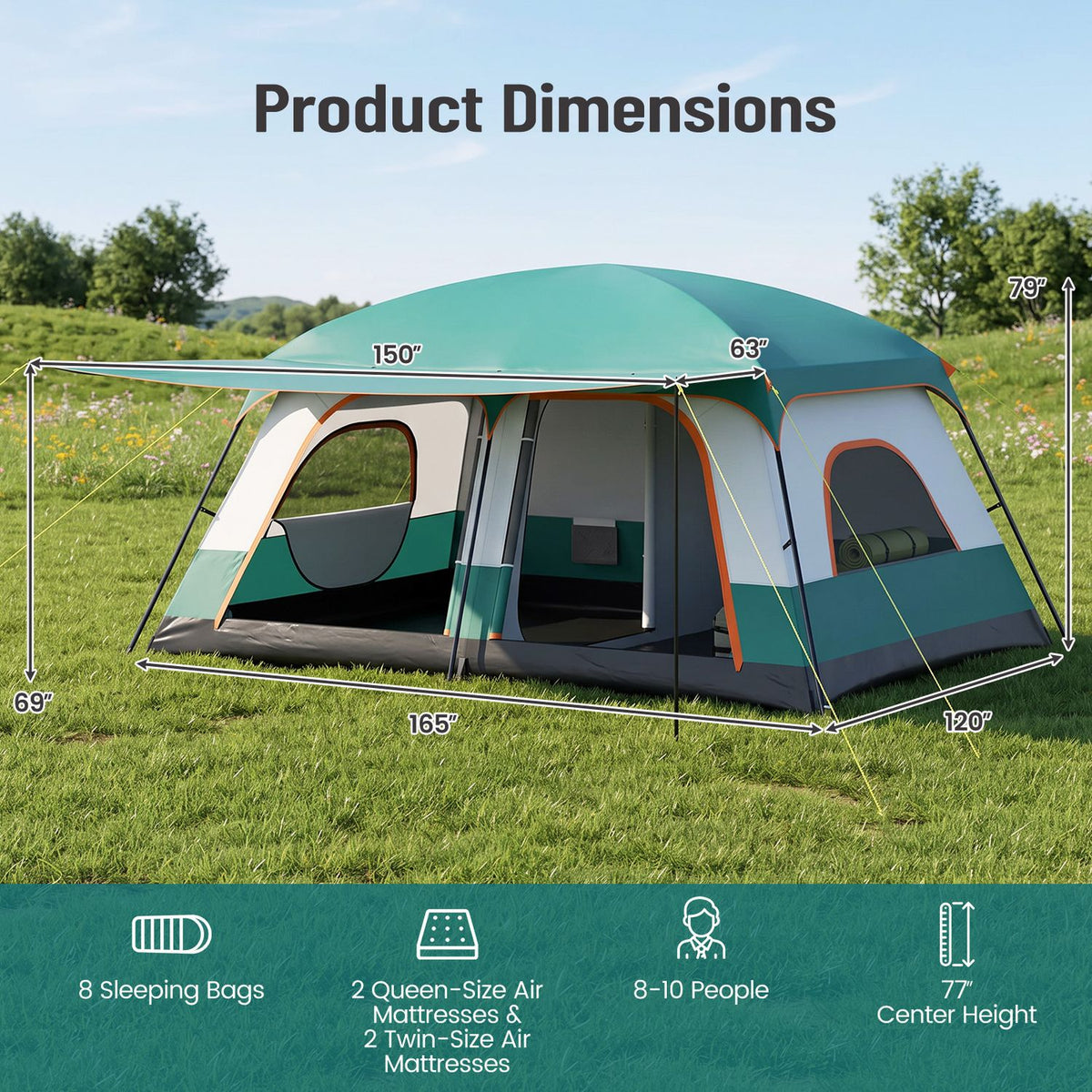 4-10 Person Camping Tent in Green Color with Porch and 2 Rooms for Backpacking-M