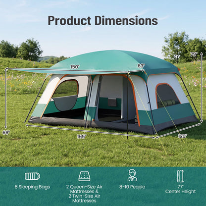 4-10 Person Camping Tent in Green Color with Porch and 2 Rooms for Backpacking-M