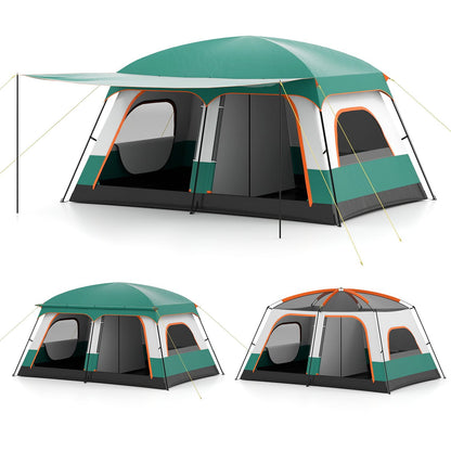 4-10 Person Camping Tent in Green Color with Porch and 2 Rooms for Backpacking-M