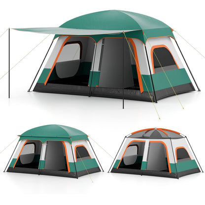 4-10 Person Camping Tent in Green Color with Porch and 2 Rooms for Backpacking-M