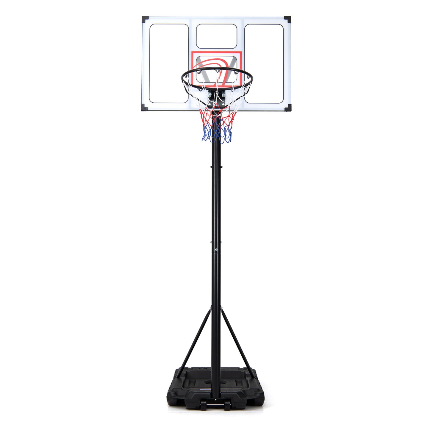 Portable basketball hoop with 10-foot adjustable height, heavy-duty fillable base, from Wilsons Home Store, for outdoor sports.