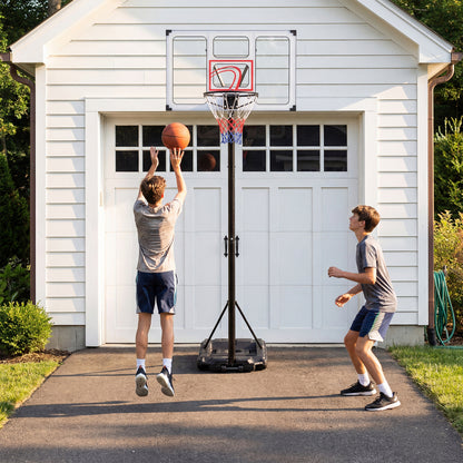 Portable basketball hoop by Wilsons Home Store, 4.1-10 feet adjustable height with heavy-duty fillable base for outdoor sports.