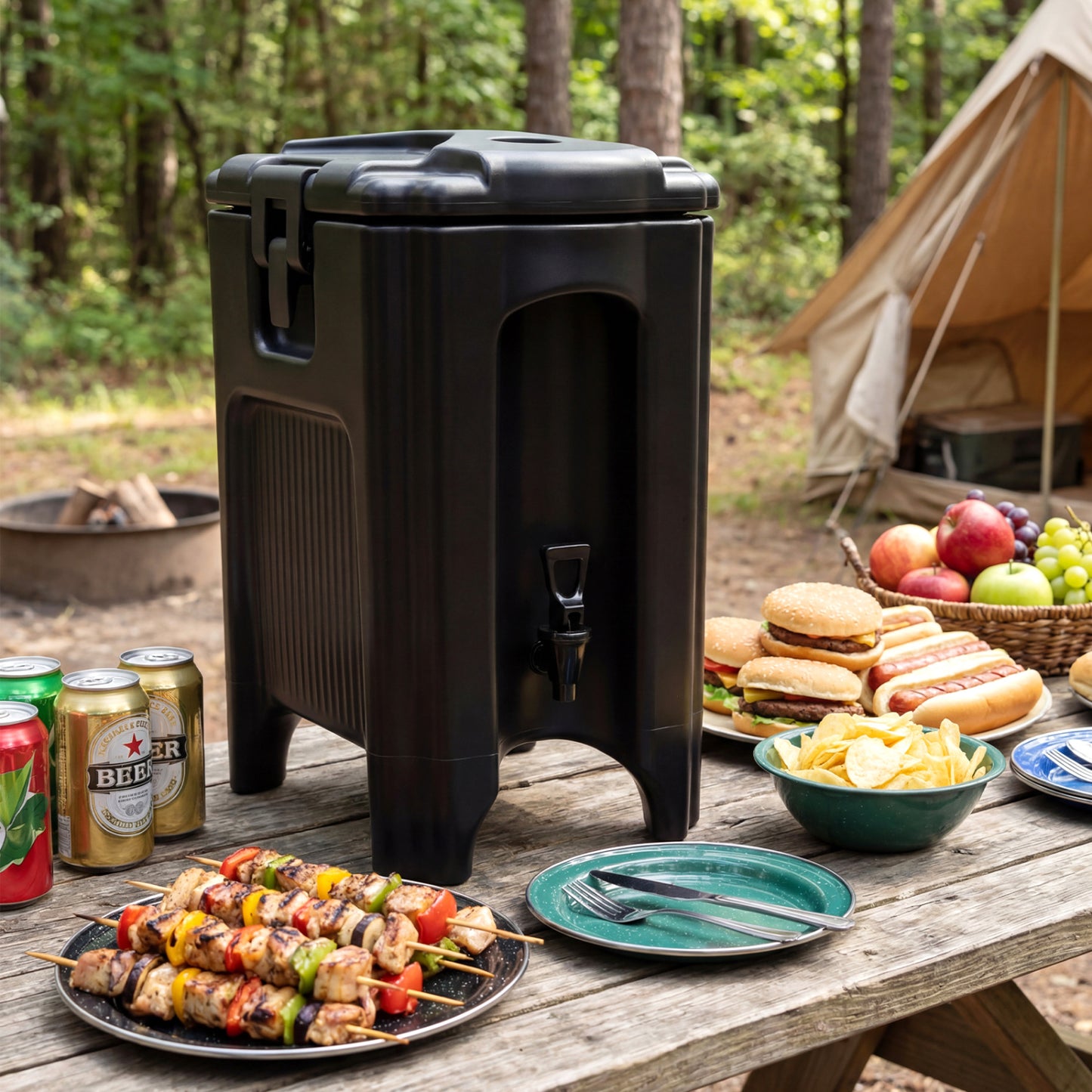 Black 4.4-gallon insulated beverage dispenser with handles and drip-proof faucet for easy pouring and keeping drinks cold.