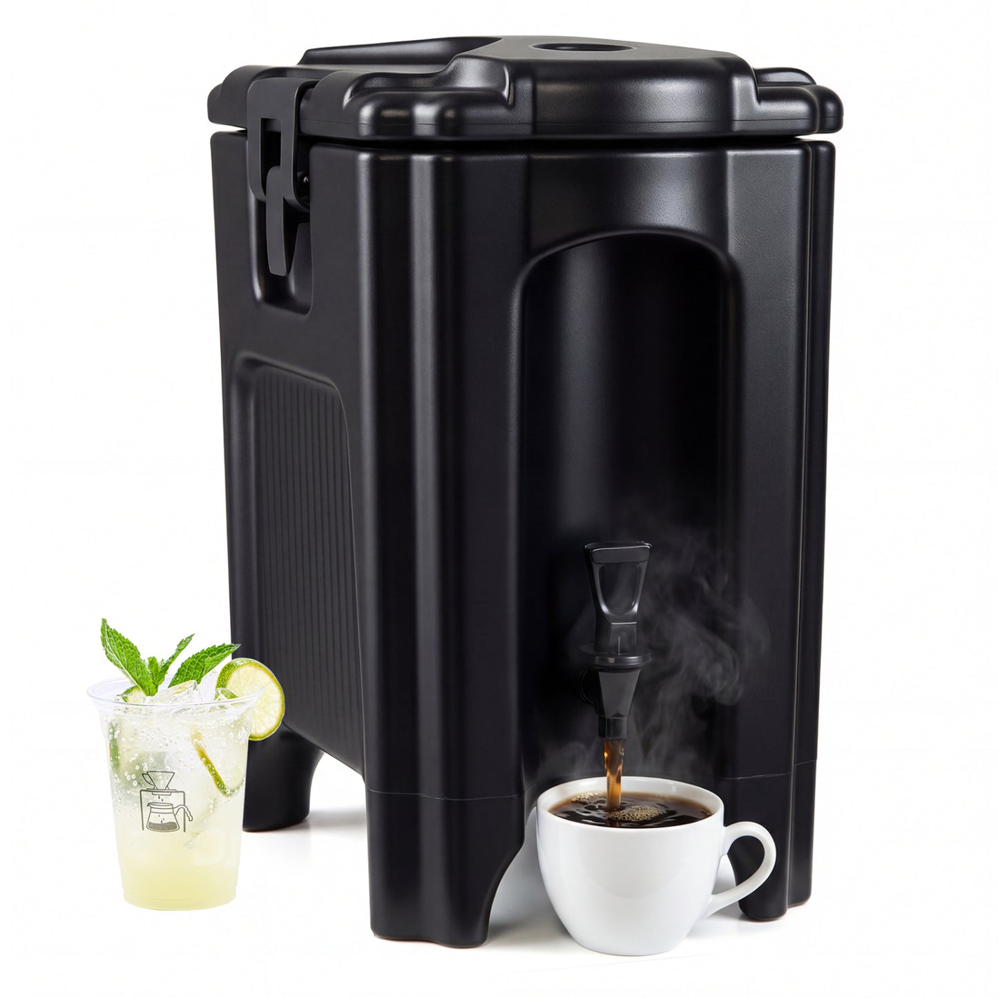 Black 4.4-gallon insulated beverage dispenser with handles and drip-proof faucet, perfect for kitchen or outdoor events.