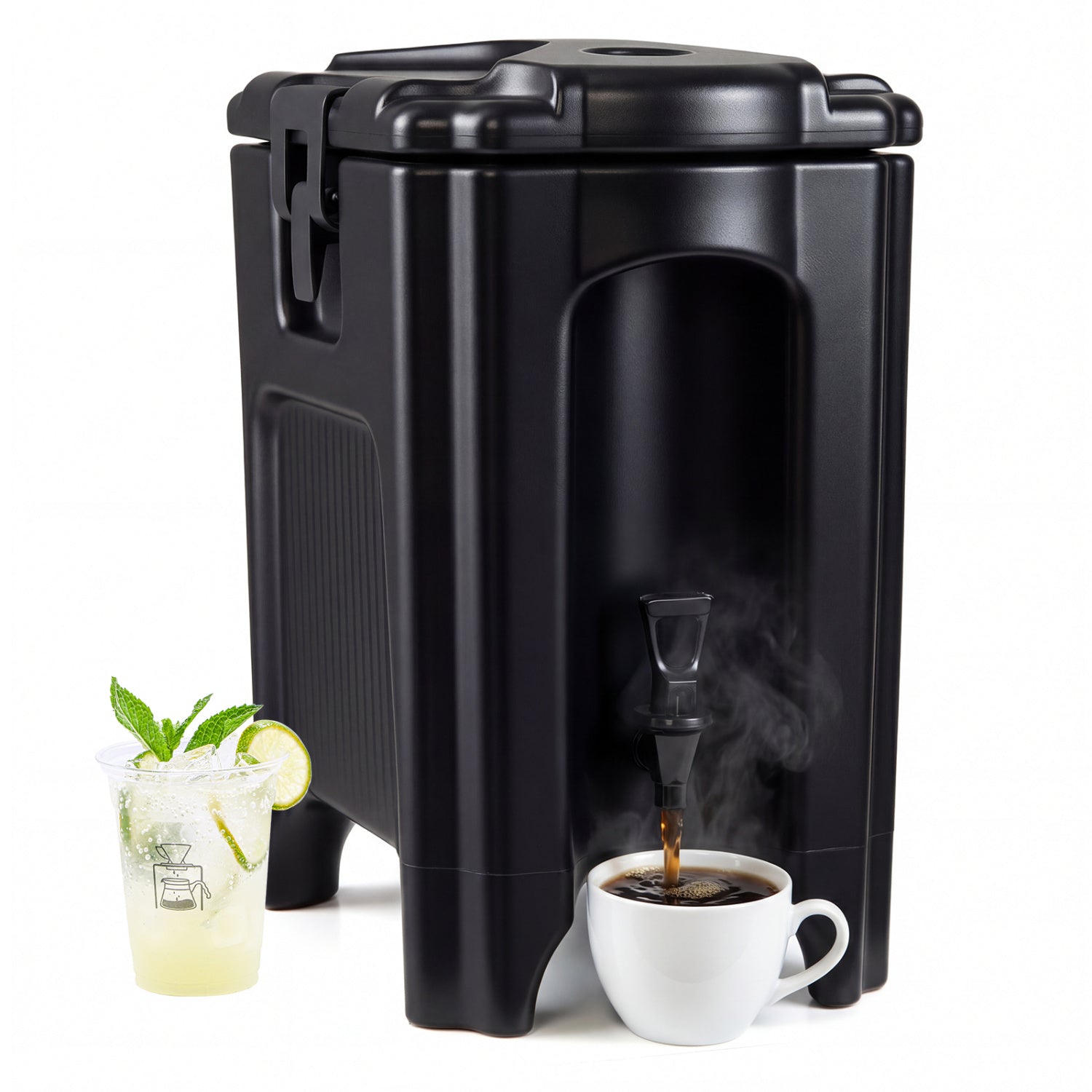 Black 4.4-gallon insulated beverage dispenser with handles and drip-proof faucet, perfect for kitchen or outdoor events.