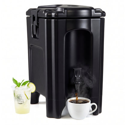 Black 4.4-gallon insulated beverage dispenser with handles and drip-proof faucet, perfect for kitchen or outdoor events.