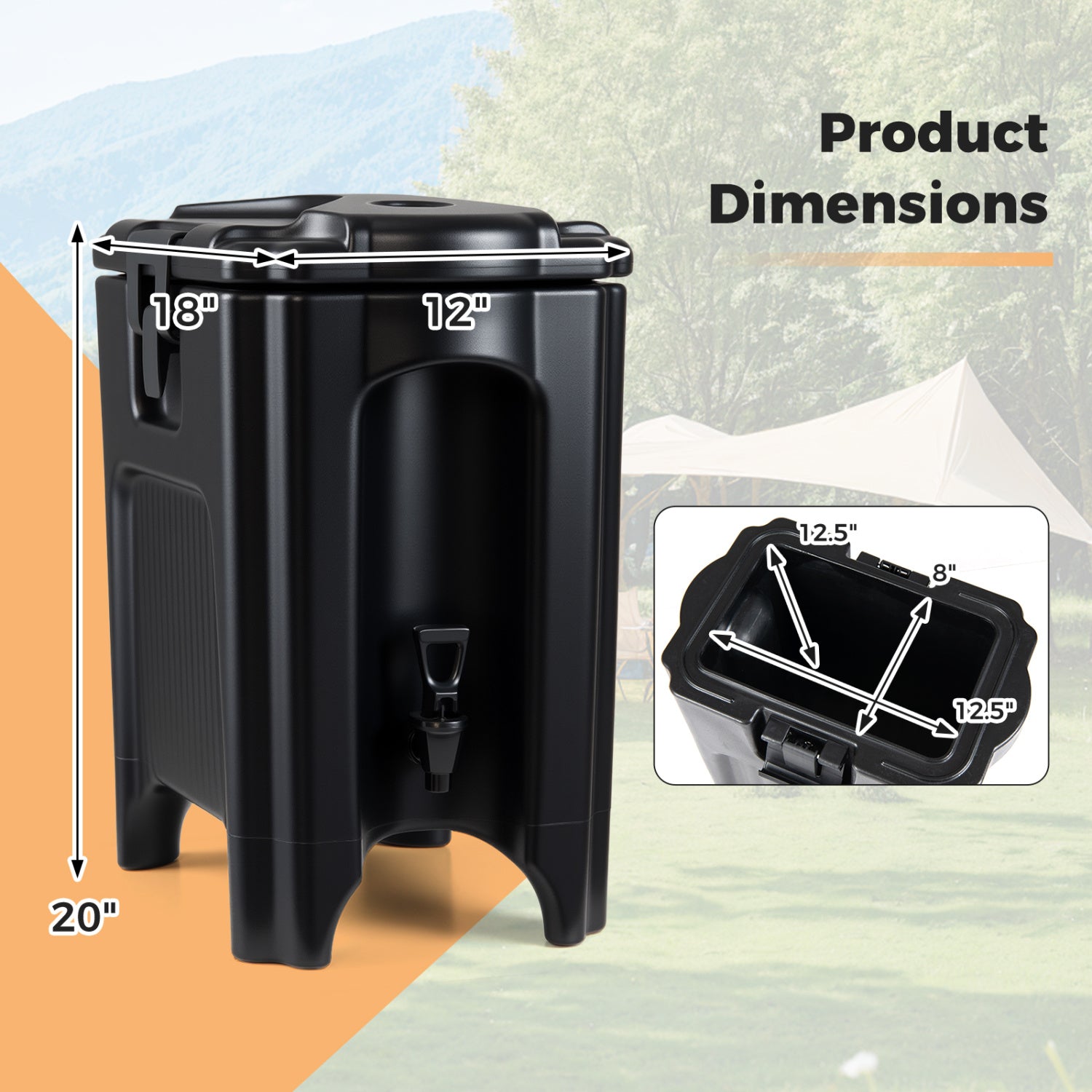 Black 4.4-gallon insulated beverage dispenser with handles and drip-proof faucet for easy serving and spill prevention.
