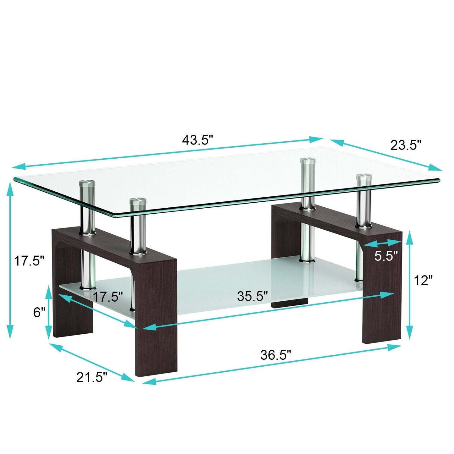 Rectangular Tempered Glass Coffee Table with Shelf-Black
