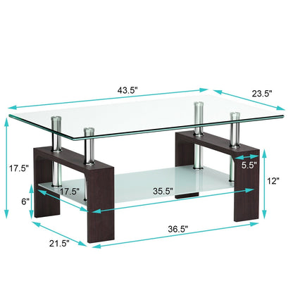 Rectangular Tempered Glass Coffee Table with Shelf-Black