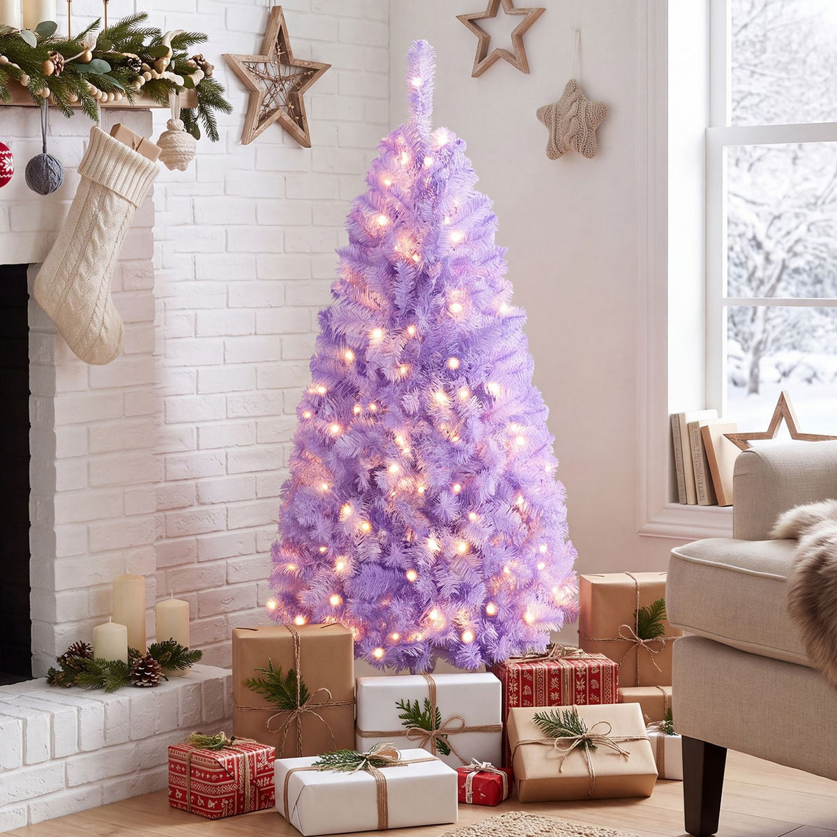 4.5 FT Light Purple Pre-Lit Peacock Blue Christmas Tree with 140 Warm White LED Lights