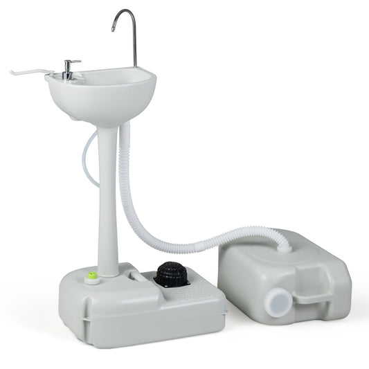 Outdoor camping wash basin stand with 4.5-gallon basin, 6.34-gallon recovery tank, and rolling wheels for easy transport.