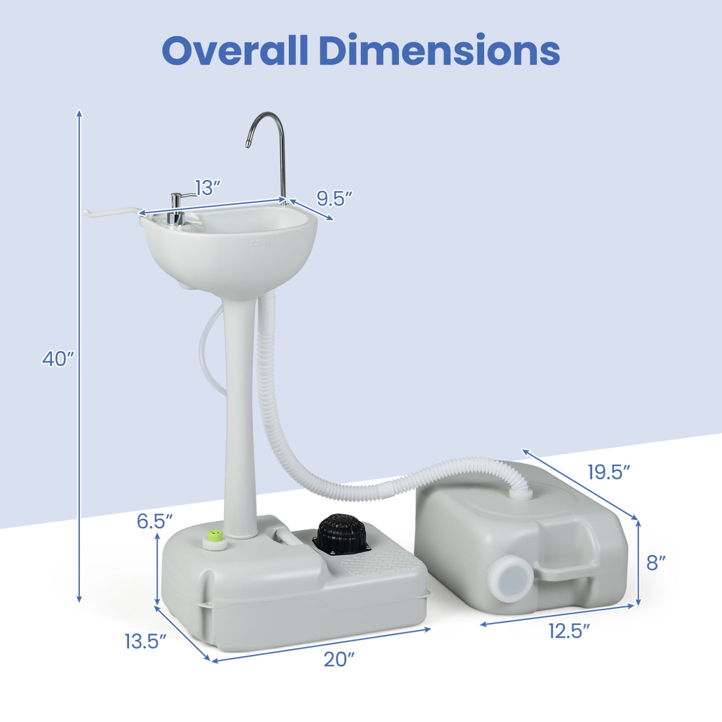 4.5 Gal Wash Basin Stand with 6.34 Gal Recovery Tank and Rolling Wheels