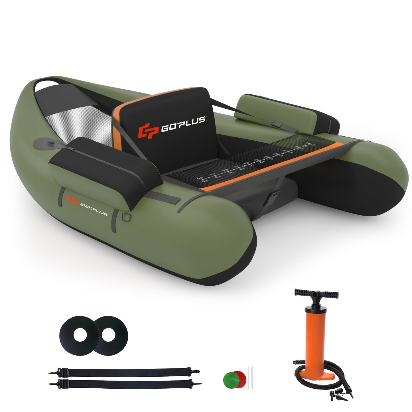 Inflatable Fishing Float Tube with Pump Storage Pockets and Fish Ruler-Beige