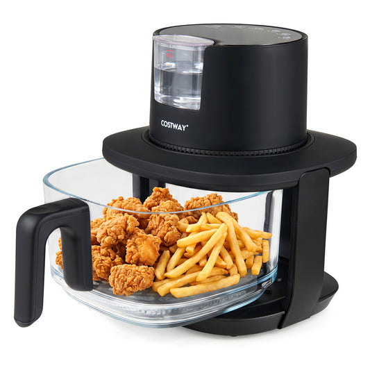 Black 4.5L glass air fryer with steam frying mode, compact kitchen appliance for healthy cooking from Wilsons Home Store.