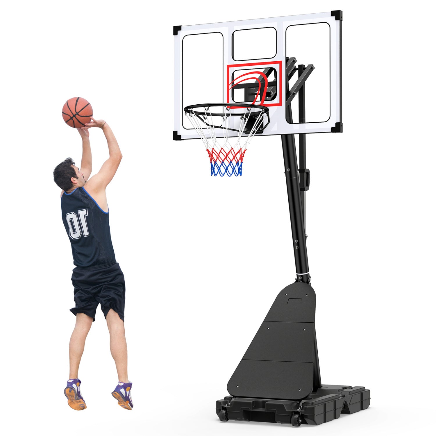 Portable basketball hoop from Wilsons Home Store, adjustable height 4.9-10 feet with fillable base and ball storage.