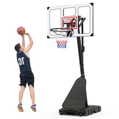 Portable basketball hoop from Wilsons Home Store, adjustable height 4.9-10 feet with fillable base and ball storage.
