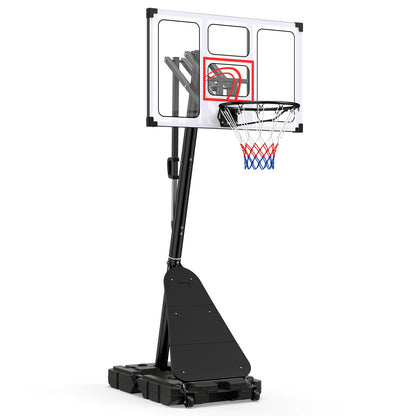 Portable basketball hoop from Wilsons Home Store, adjustable height 4.9 to 10 feet with fillable base and ball storage.