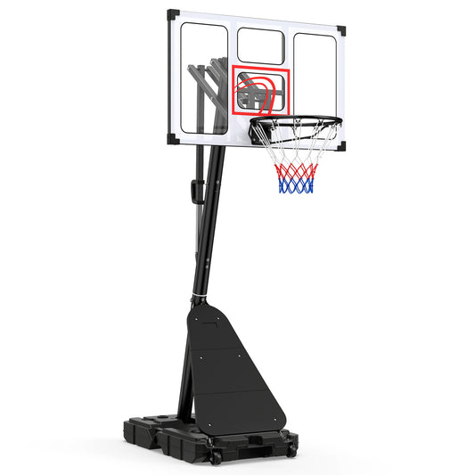 Portable basketball hoop from Wilsons Home Store, adjustable height 4.9 to 10 feet with fillable base and ball storage.