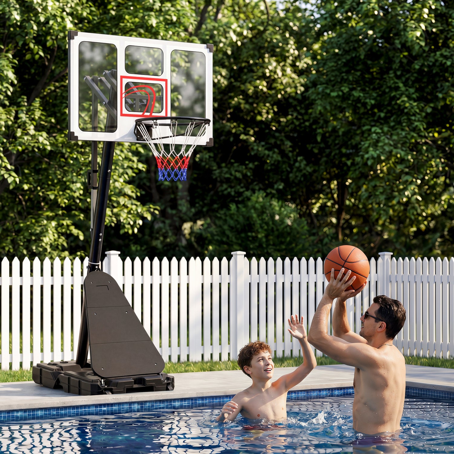 Portable basketball hoop from Wilsons Home Store, adjustable height 4.9-10 feet with fillable base and ball storage for outdoor play.