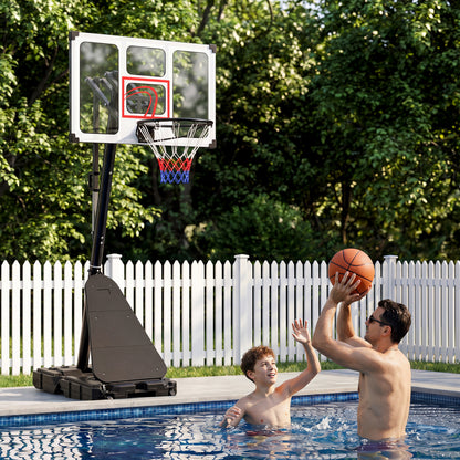Portable basketball hoop from Wilsons Home Store, adjustable height 4.9-10 feet with fillable base and ball storage for outdoor play.