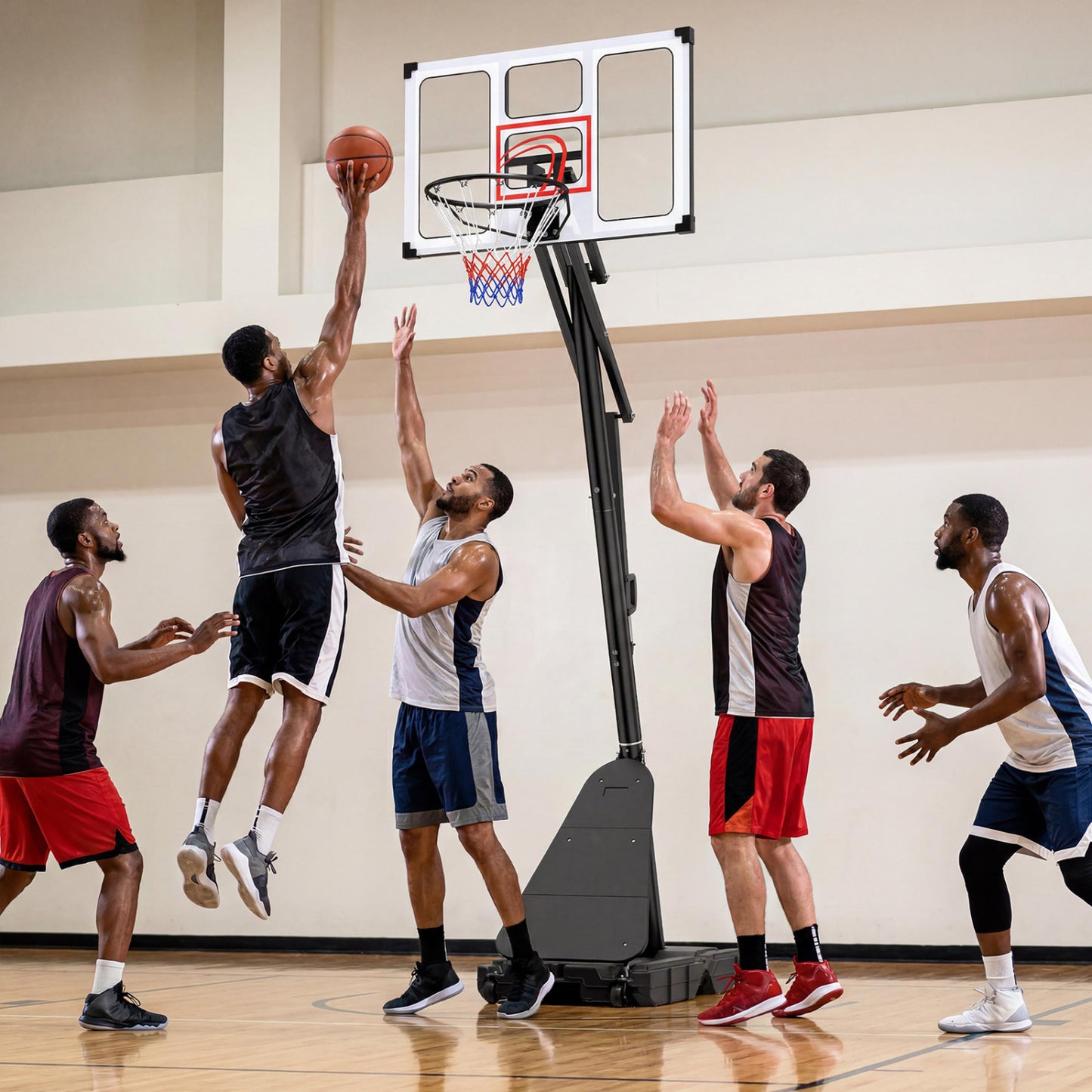 Portable basketball hoop with adjustable height from 4.9 to 10 feet, fillable base, ball storage, by Wilsons Home Store.