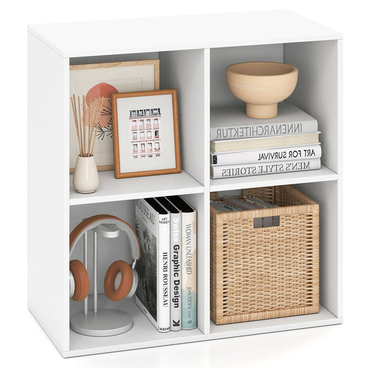 White 4-cube wooden bookshelf by Wilsons Home Store, modern design, tool-free assembly, ideal for home office or living room storage.