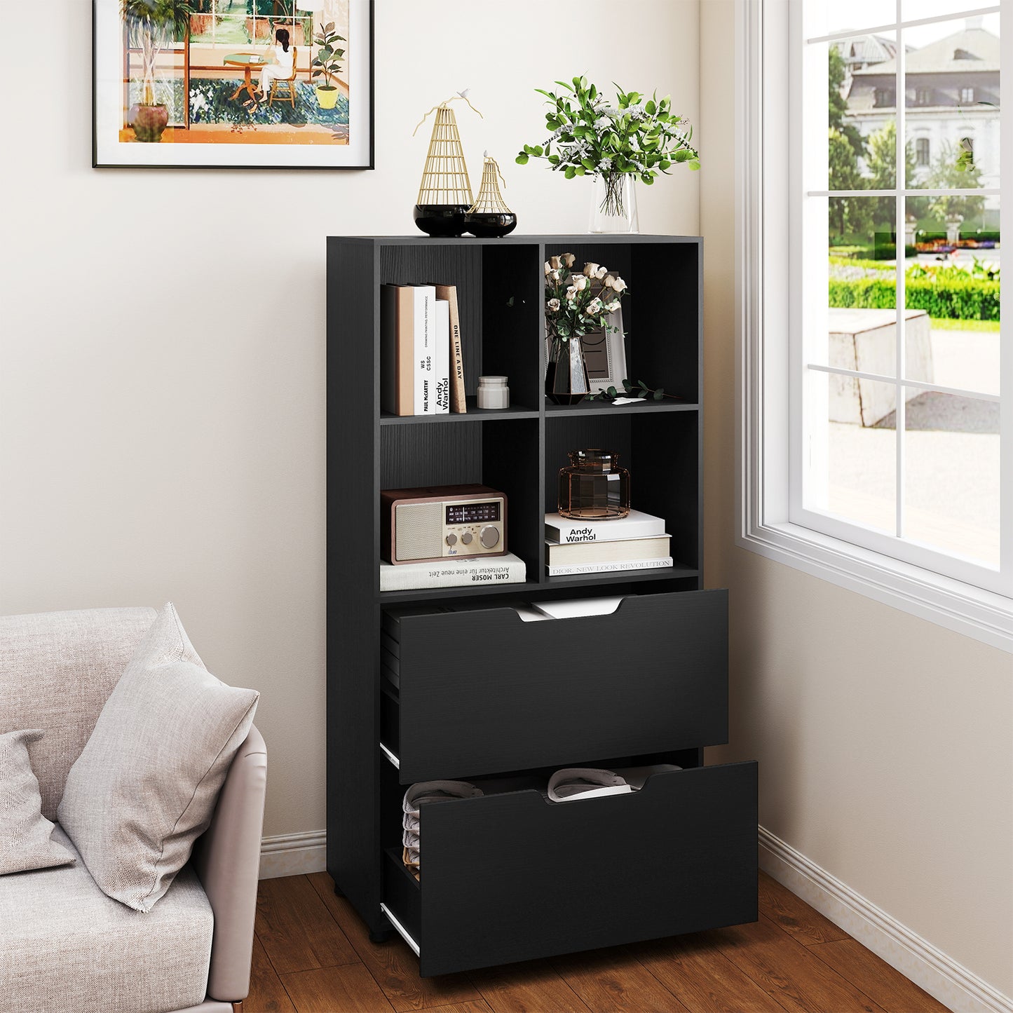 4-Cube Bookcase with 2 Drawers 51 inch 5-Tier Tall Freestanding Bookshelf-Black