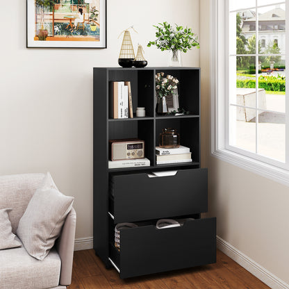 4-Cube Bookcase with 2 Drawers 51 inch 5-Tier Tall Freestanding Bookshelf-Black