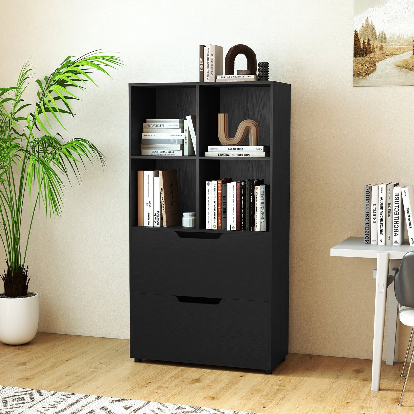 4-Cube Bookcase with 2 Drawers 51 inch 5-Tier Tall Freestanding Bookshelf-Black