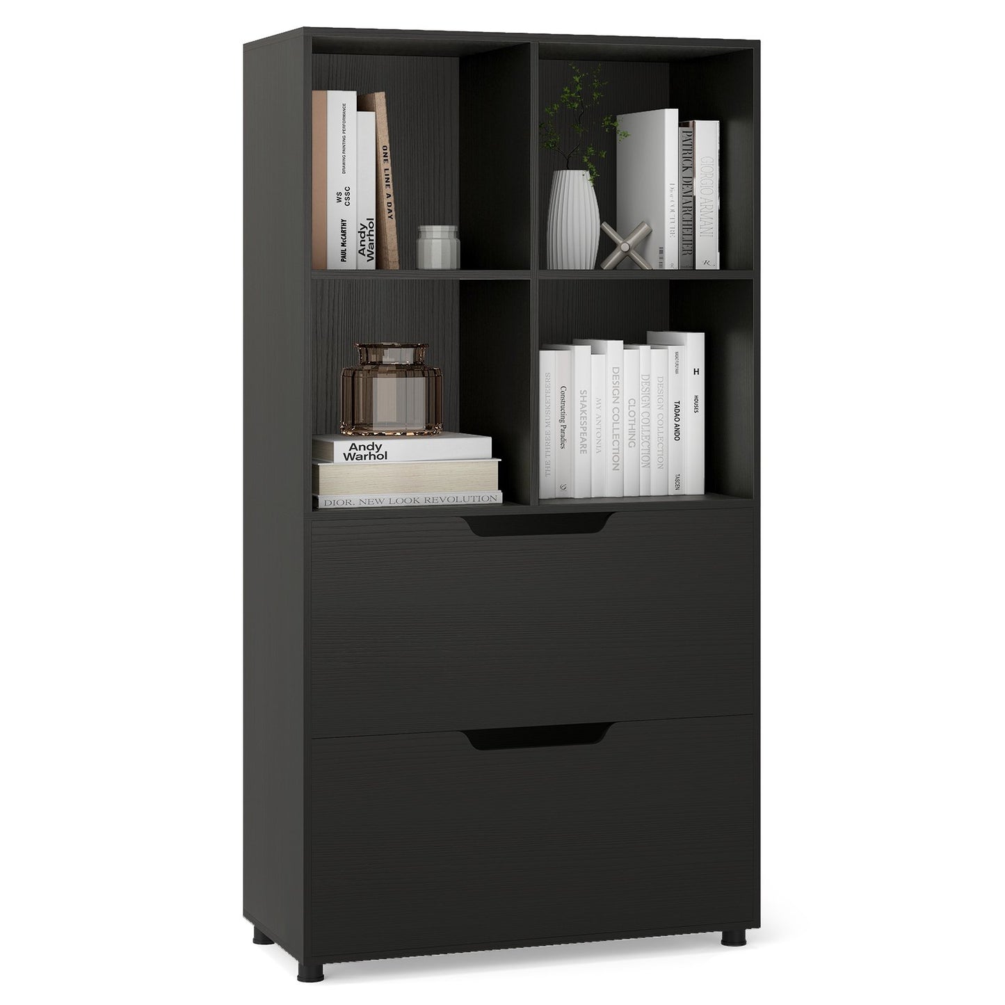 4-Cube Bookcase with 2 Drawers 51 inch 5-Tier Tall Freestanding Bookshelf-Black
