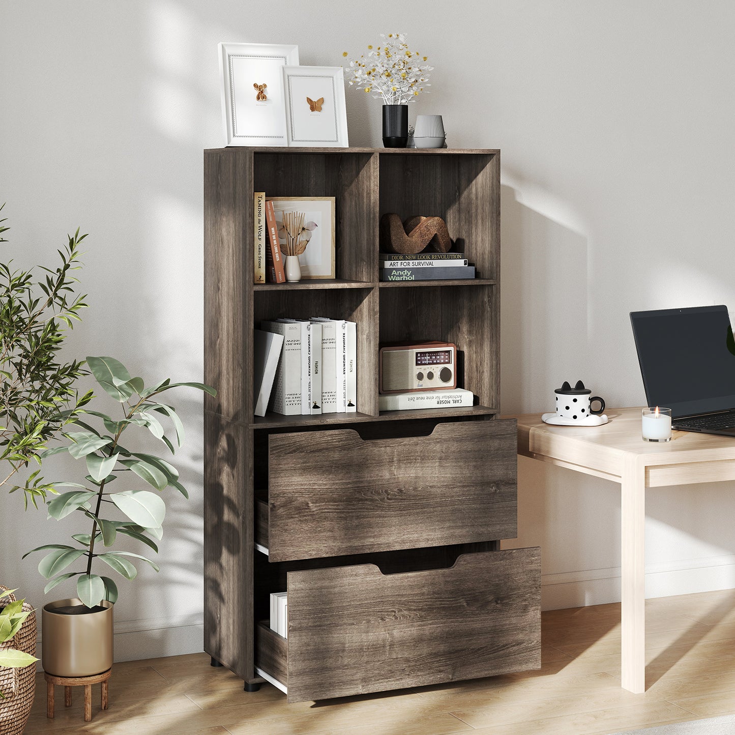 4-Cube Bookcase with 2 Drawers 51 inch 5-Tier Tall Freestanding Bookshelf-Gray