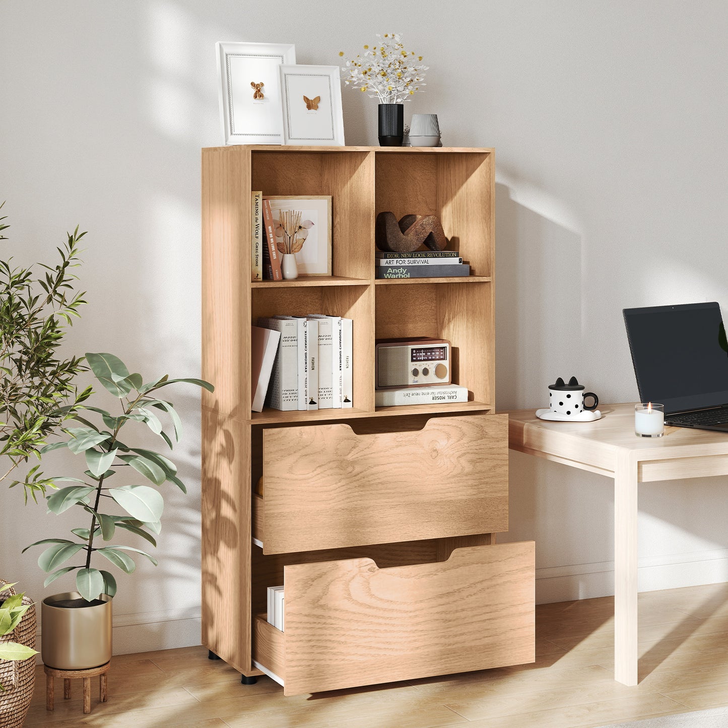 4-Cube Bookcase with 2 Drawers 51 inch 5-Tier Tall Freestanding Bookshelf-Gray