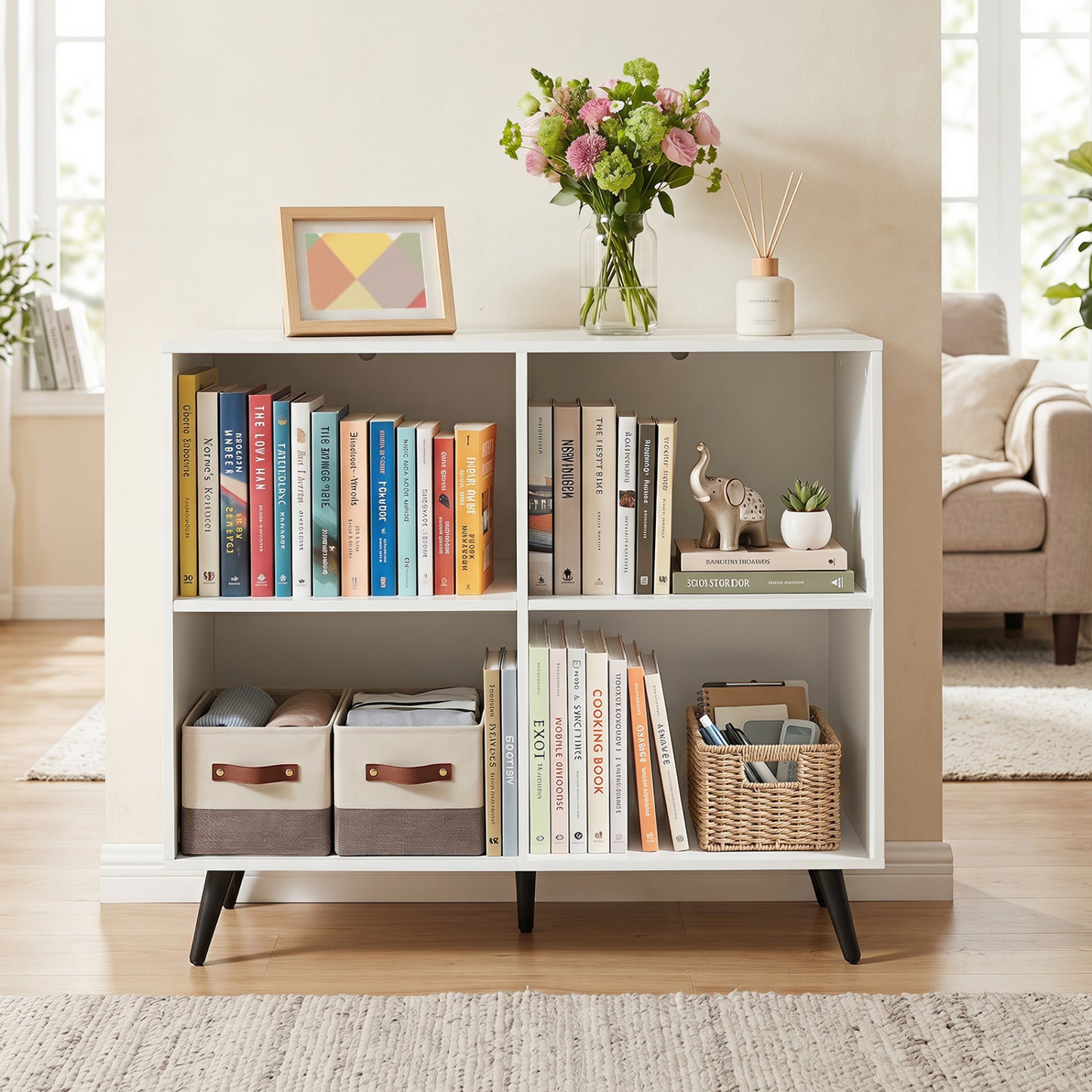 4-Cube Wooden Bookshelf Bookcase with 5 Metal Legs for Home-Natural