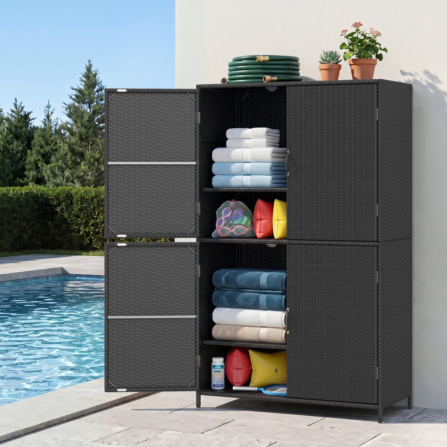 Black 4-door rattan outdoor storage shed with adjustable shelves, ideal for garden organization and outdoor storage solutions.