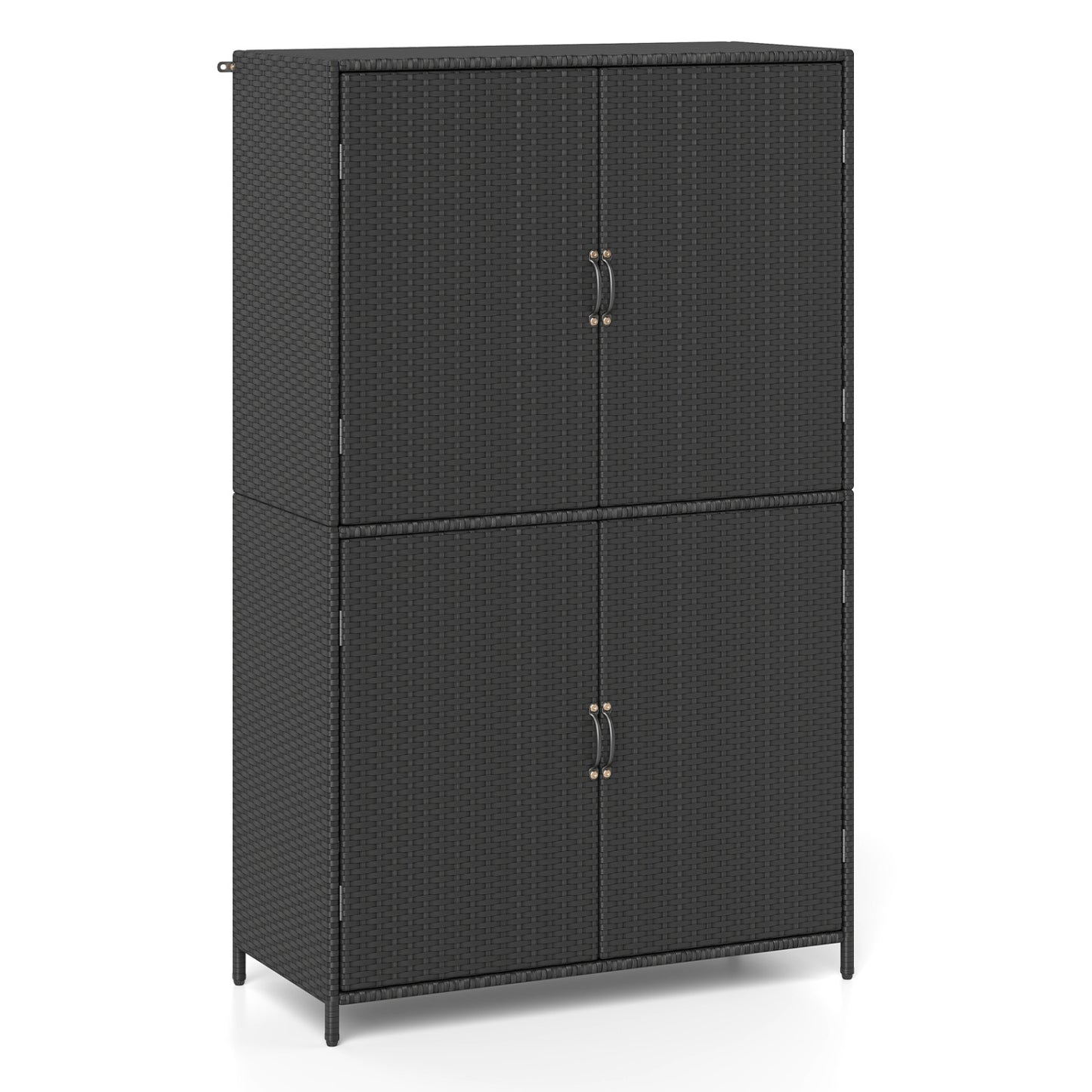 Black 4-door rattan outdoor storage shed with adjustable shelves, ideal for garden organization and outdoor storage needs.