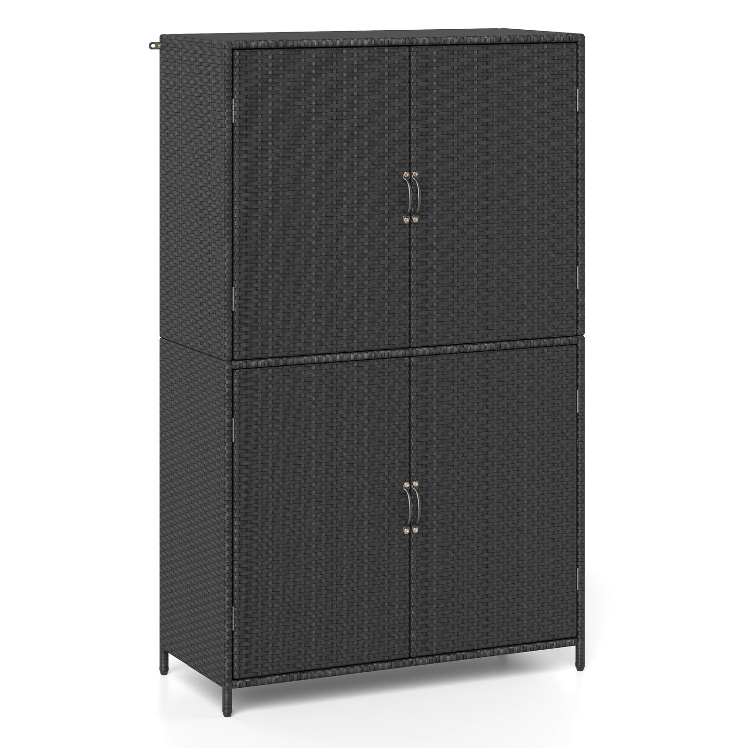 Black 4-door rattan outdoor storage shed with adjustable shelves, ideal for garden organization and outdoor storage needs.