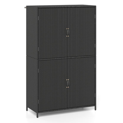 Black 4-door rattan outdoor storage shed with adjustable shelves, ideal for garden organization and outdoor storage needs.