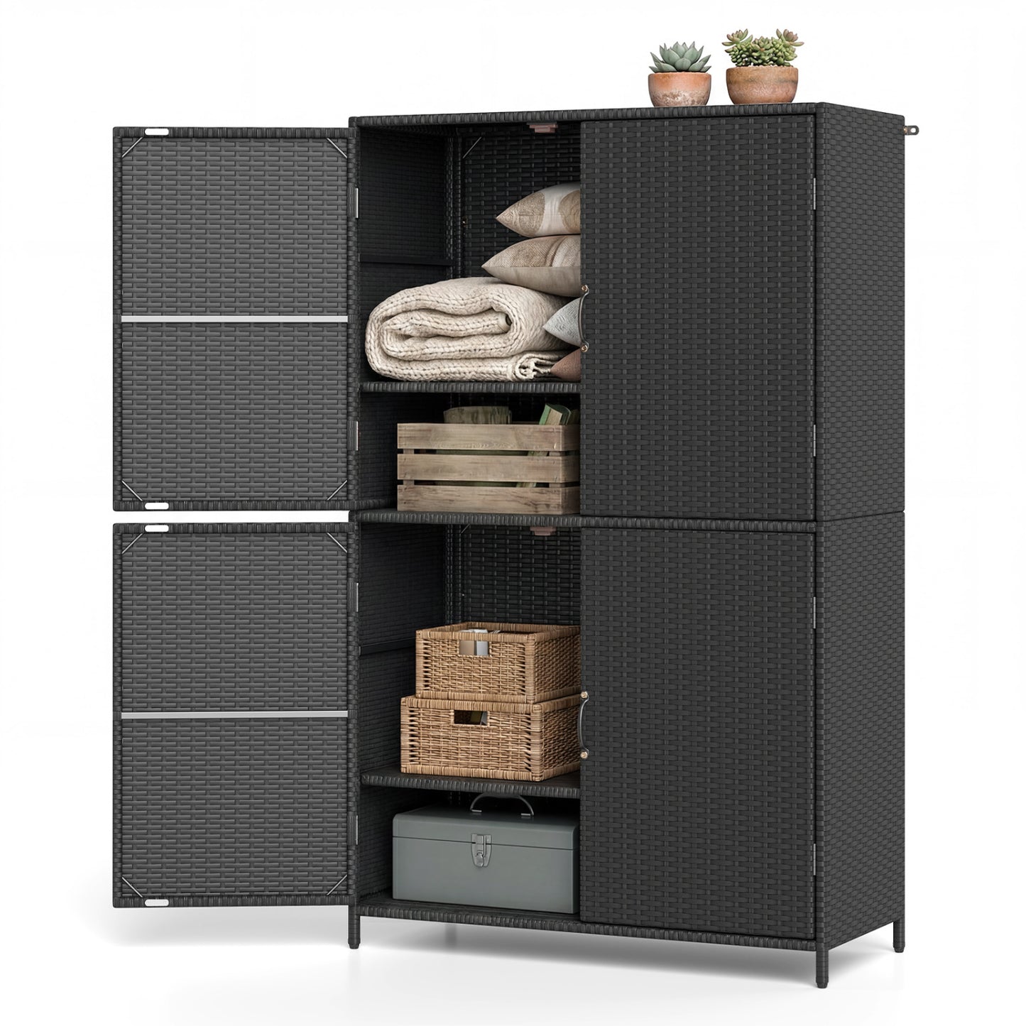 Black 4-door rattan outdoor storage shed with adjustable shelves, designed for outdoor garage and garden organization.