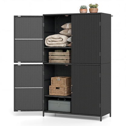Black 4-door rattan outdoor storage shed with adjustable shelves, designed for outdoor garage and garden organization.